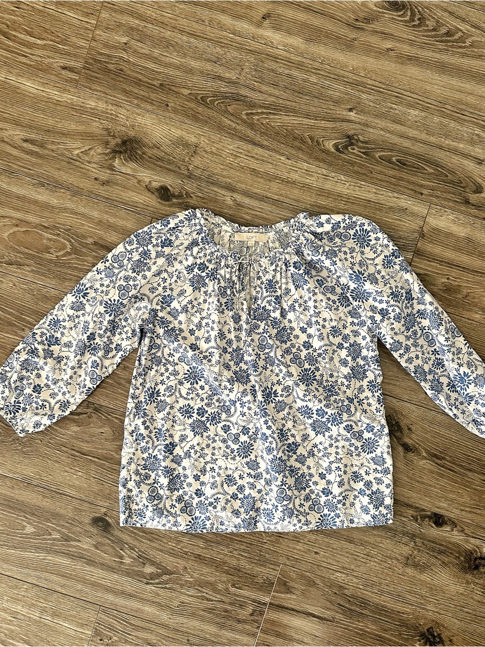 LOFT White Peasant Blouse with Blue Floral Print